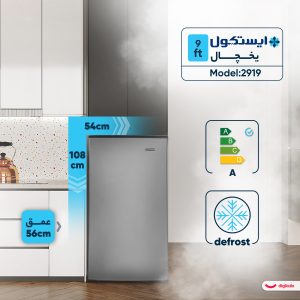 یخچال فریزر 9 فوت ایستکول مدل هتلی 2919، با ارتفاع 108، عمق 56 و پهنای 54 سانتی‌ متر، مصرف انرژی A، دارای 3 طبقه در یخچال و 1 طبقه در فریزر، دارای کندانسور مخفی